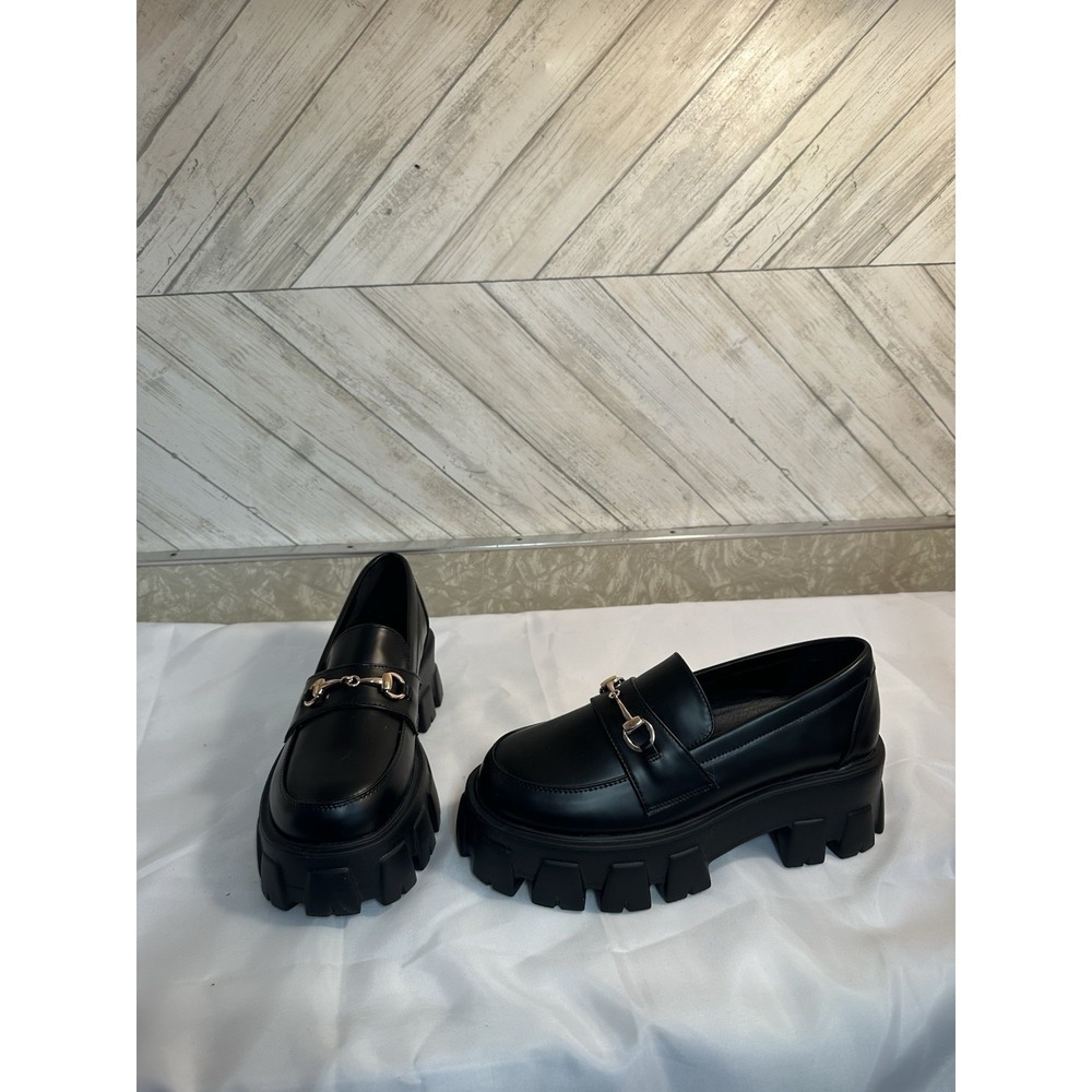 Princess Polly Shoes Womens 7 Black Vegan Leather Bit Loafer Lug Sole Chunky
